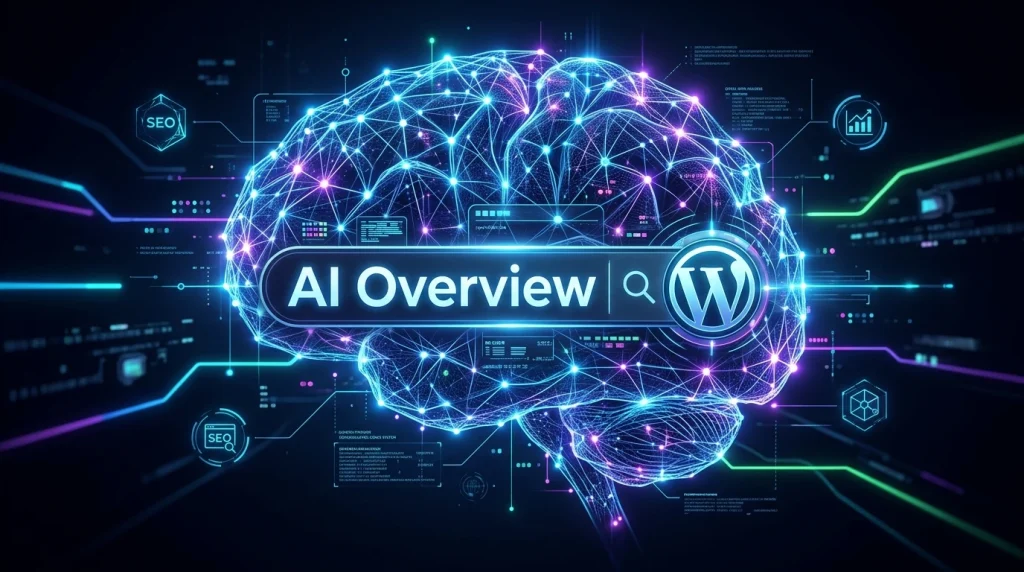 AI SEO 2026 with AI brain, search bar, and WordPress logo for AI Overviews