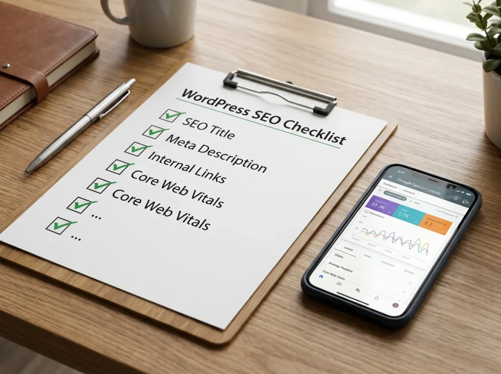 WordPress SEO audit checklist on clipboard with Google Search Console on smartphone