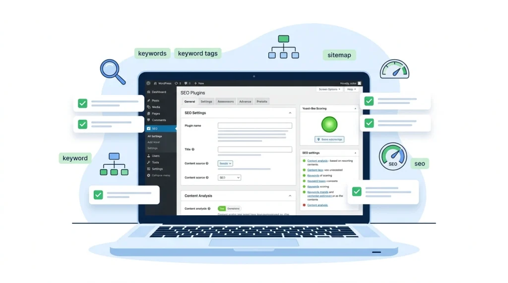 WordPress SEO checklist 2026 showing dashboard, SEO plugin, and checklist for Bangladesh websites